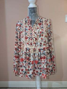 Loft NWOT Floral Lace-Trim Peasant Blouse Size L